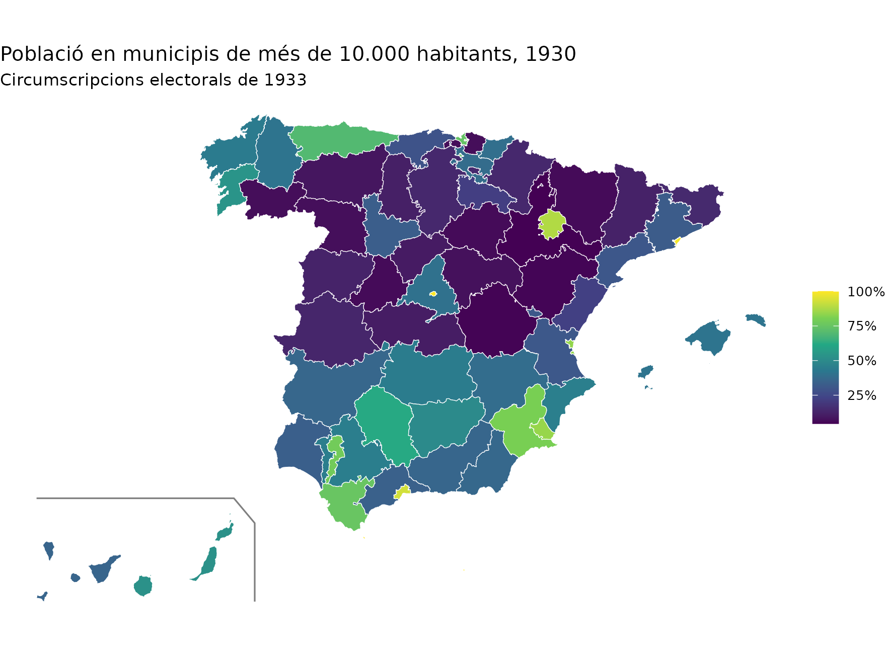 Mapa de les circumscripcions de 1933 acolorides segons la proporció de població en municipis de més de 10.000 habitants