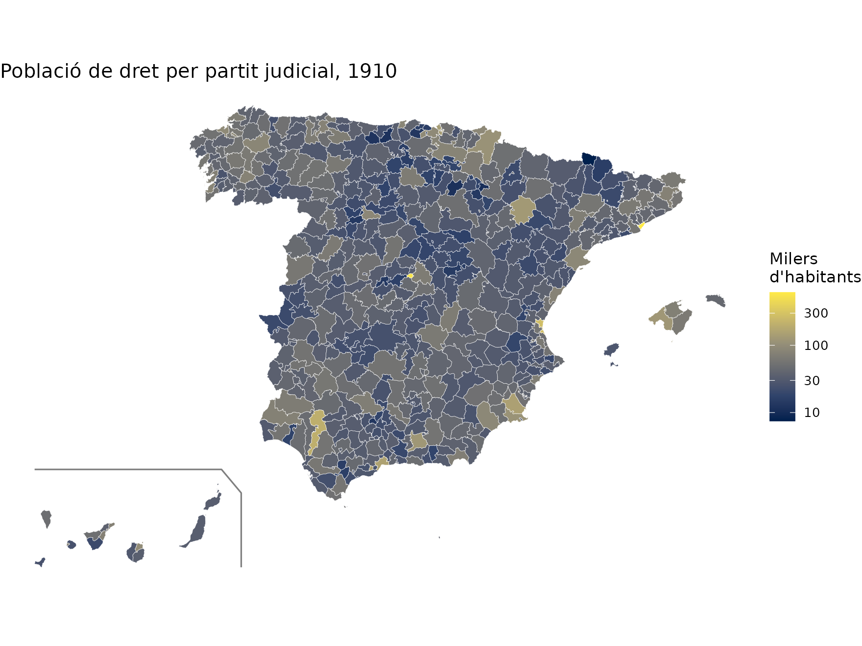 Mapa dels partits judicials d'Espanya el 1910 acolorits segons la població
