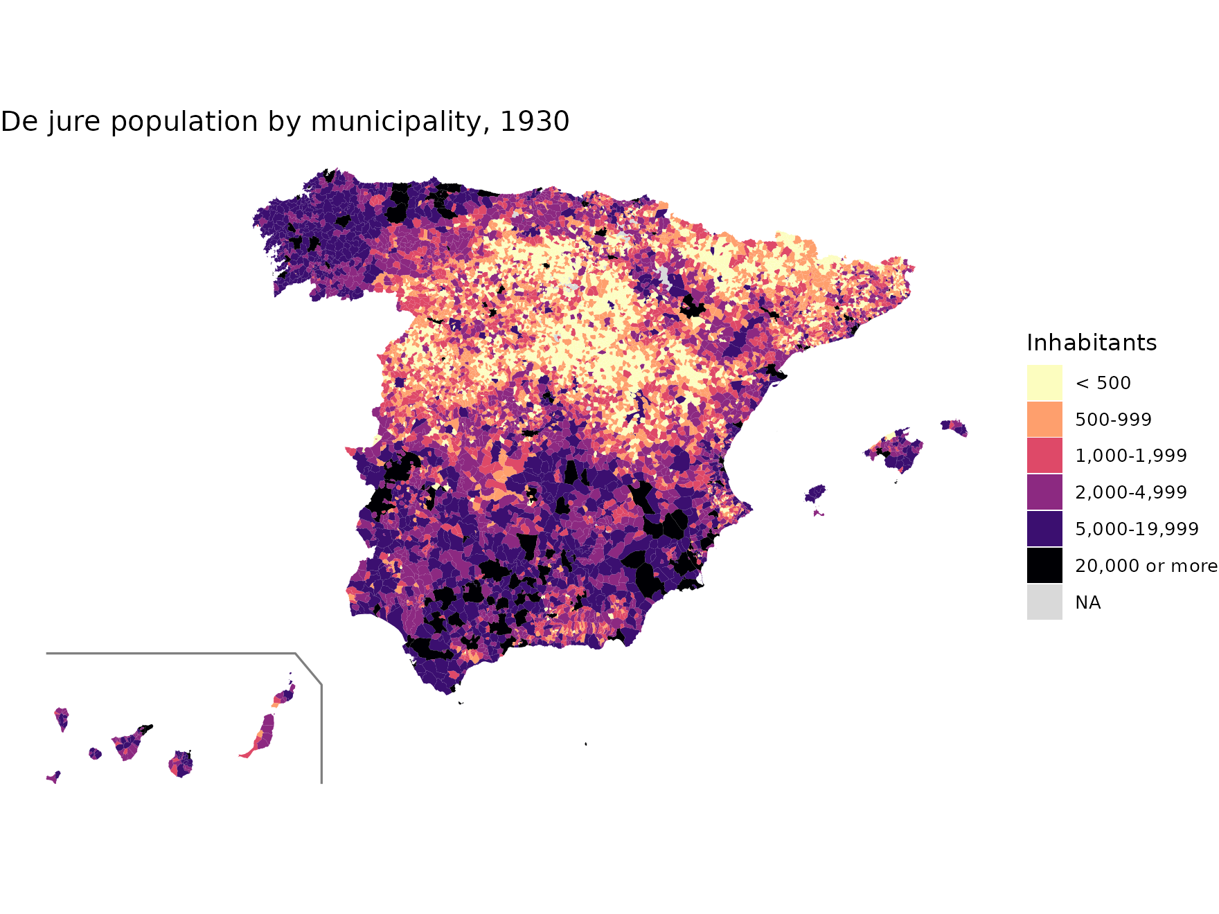 Map of the municipalities of Spain in 1930 coloured by de jure population