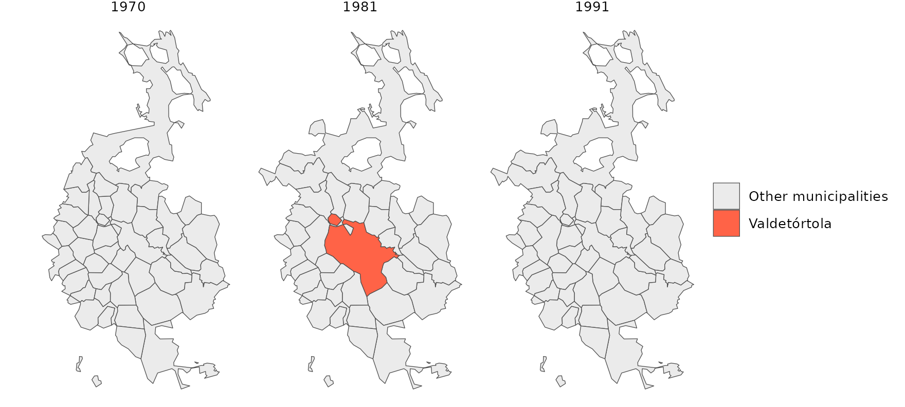 Three maps (1970, 1981 and 1991) of the area of Valdetórtola, in Cuenca, which only exists in 1981