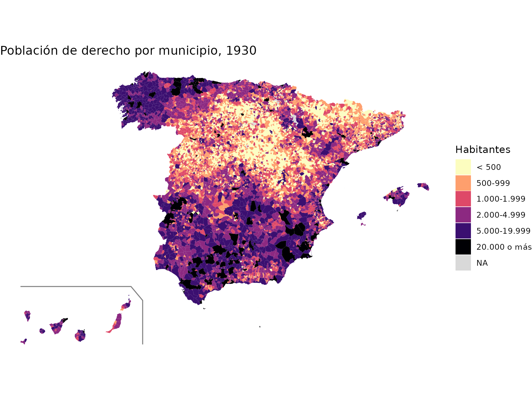 Mapa de los municipios de España en 1930 coloreados según la población de derecho