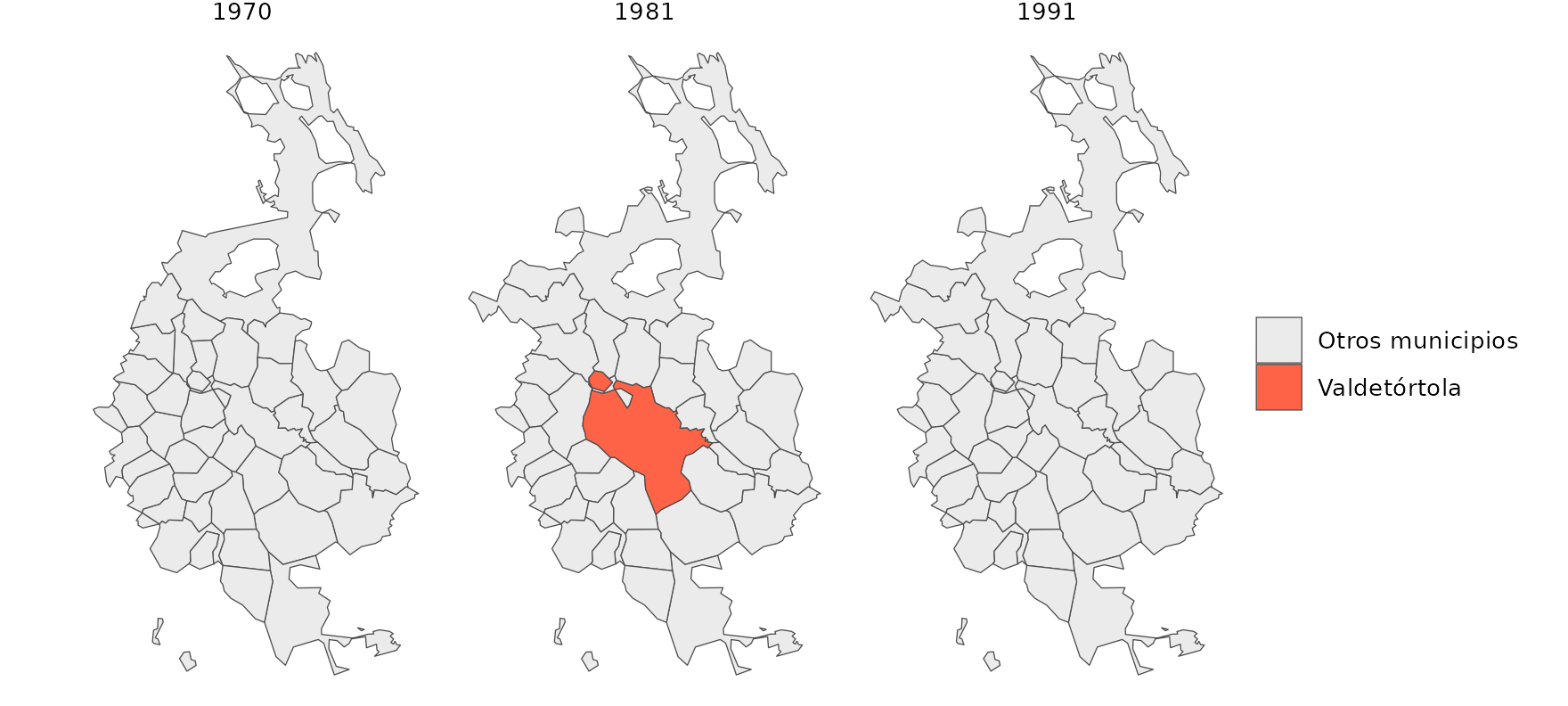 Tres mapas (1970, 1981 y 1991) de la zona de Valdetórtola, en Cuenca, que solo existe en 1981