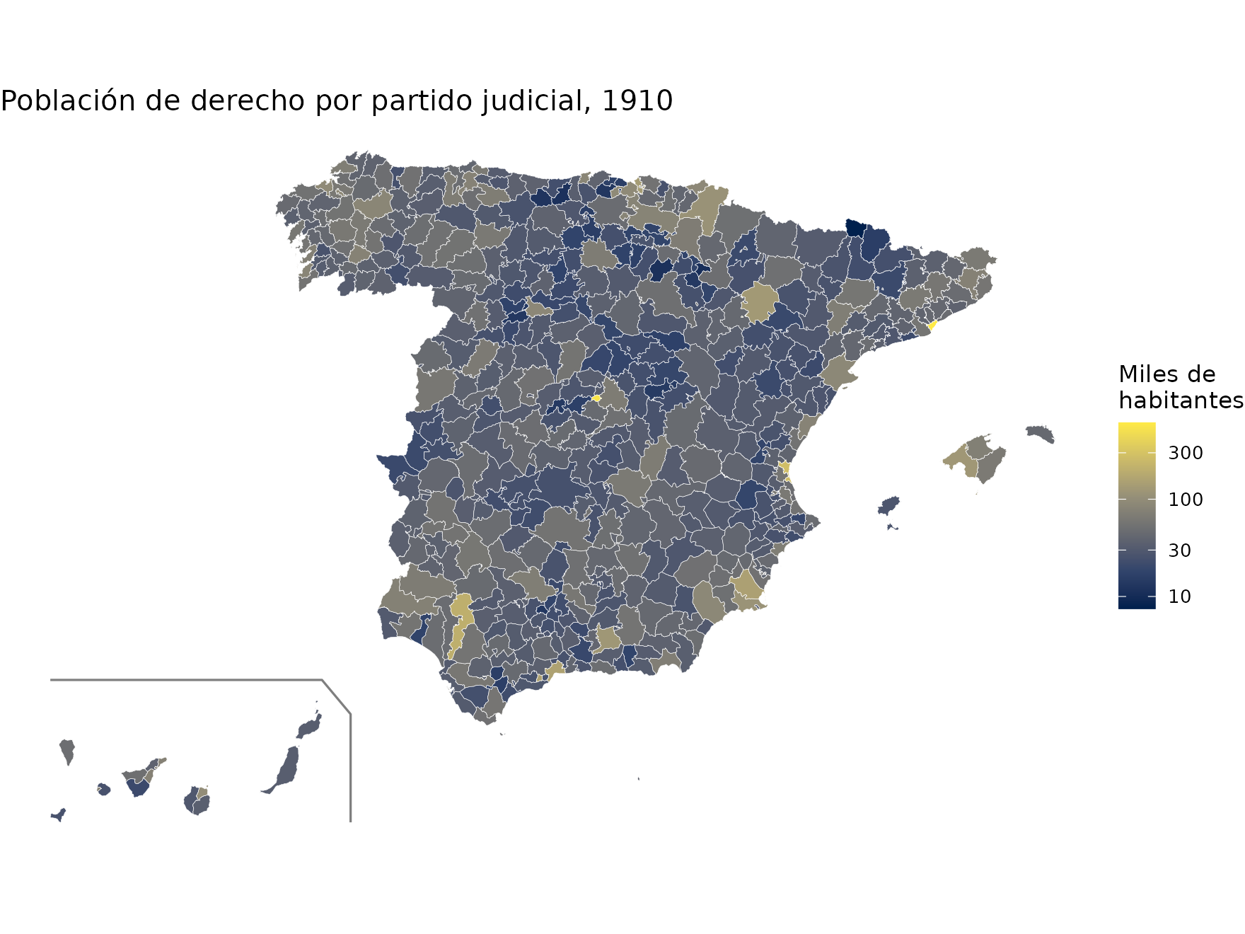 Mapa de los partidos judiciales de España en 1910 coloreados según la población